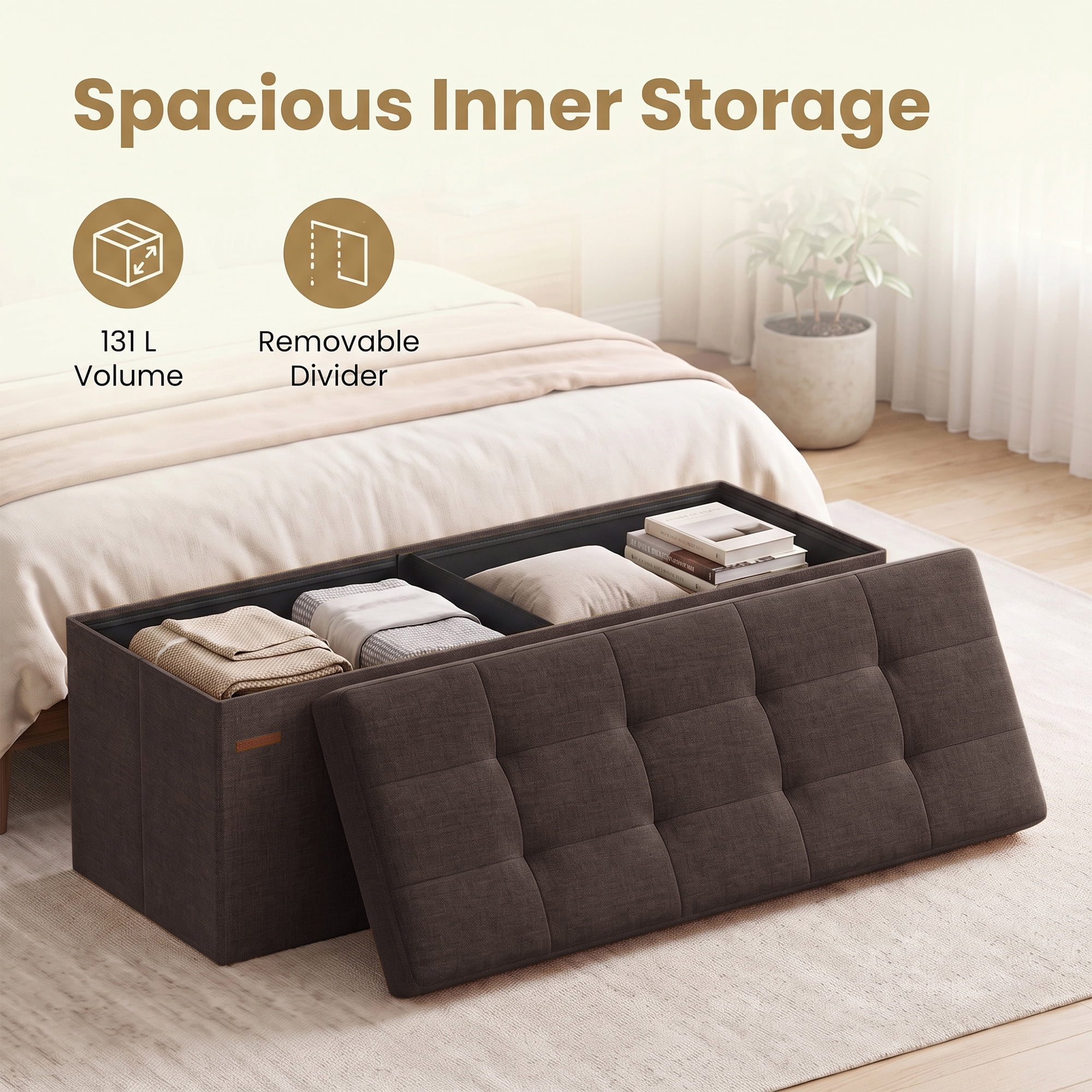Ledrem Brown Foldable Storage Ottoman Bench with 660lb Capacity