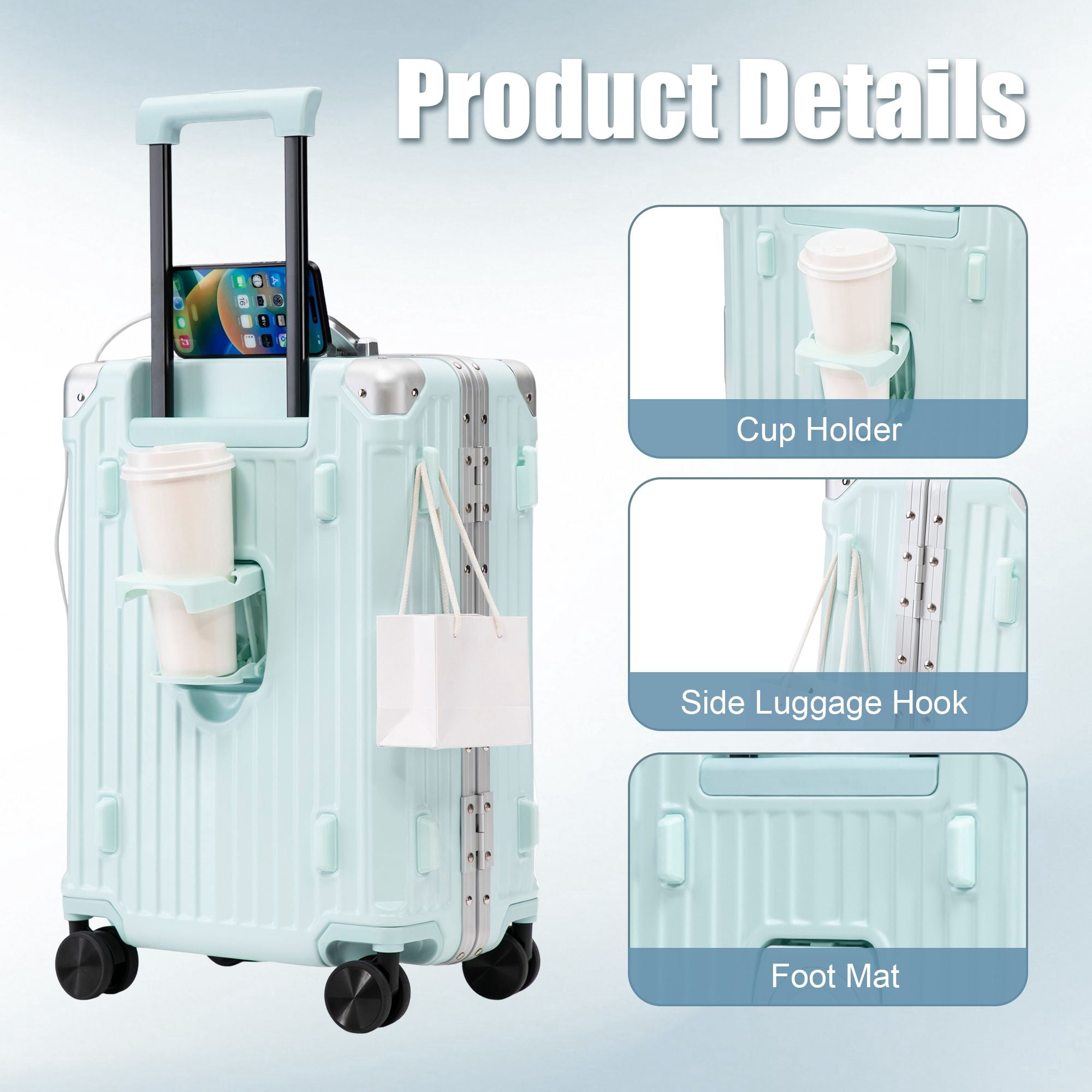 Alvantor Carry On Luggage 20" Hardside Luggage with Cup holder, Charging Port, Hook Blue