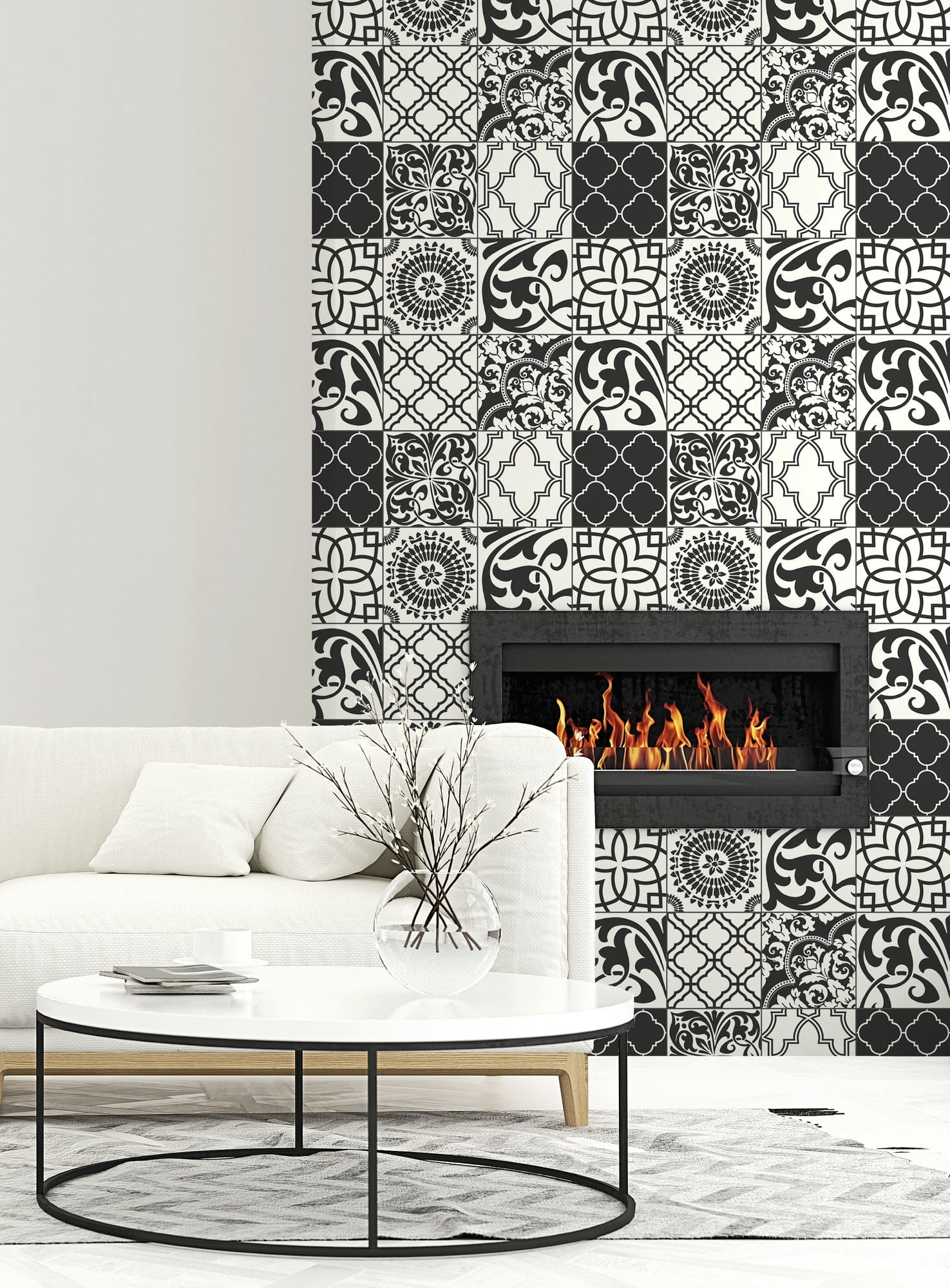 NextWall  Black and White Graphic Tile Peel and Stick Wallpaper - 20.5 in. W x 18 ft. L
