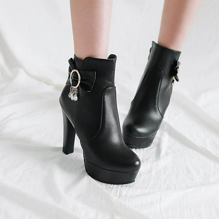 

Tdoqot Womens Thigh High Boots- Waterproof Warm Boots Bow Knot Rhinestone Side Zipper Knight Boots Sweet Short Boots Black 40