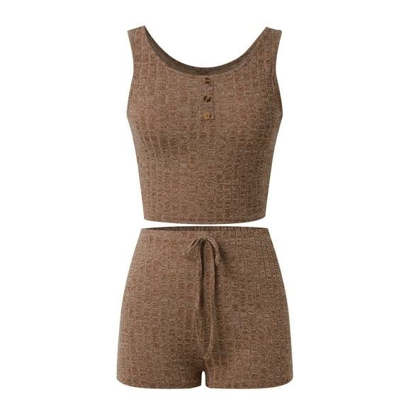 Fgnfyis Women's Button Front Ribbed Knit Tank Top and Shorts Pajama Set Sleepwear Sets 2 Piece Sets Women Outfit Short Sets Brown S