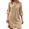 thumbnail image 2 of Plus Size Dresses Women's Linen Shirt Dress 3/4 Roll-Up Sleeve Button Down Casual Loose Tunic Dress for Summer Beach Khaki S, 2 of 9