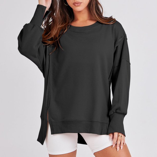 Sudadera Sudadera con cuello redondo para mujer, sudadera informal de manga larga, jerséis holgados, Tops Kuymtek Negro T S para Mujer