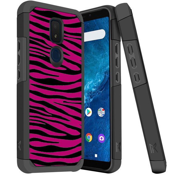 ANJ  Slim Dual Layer Hybrid Shockproof Case   Tempered Glass Cover for Cricket Icon 3, Splendor, AT&T Motivate 2 - Hot Pink Zebra