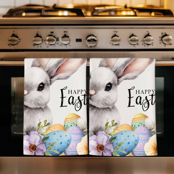 Happy Easter Kitchen Towels Set of 2, Spring Grey Bunny Colorful Eggs Flower Beige Absorbent Dish Towels for Kitchen, Microfiber Hand Towel, Quick Drying Tea Towel for Cleaning Decorative Dishcloths