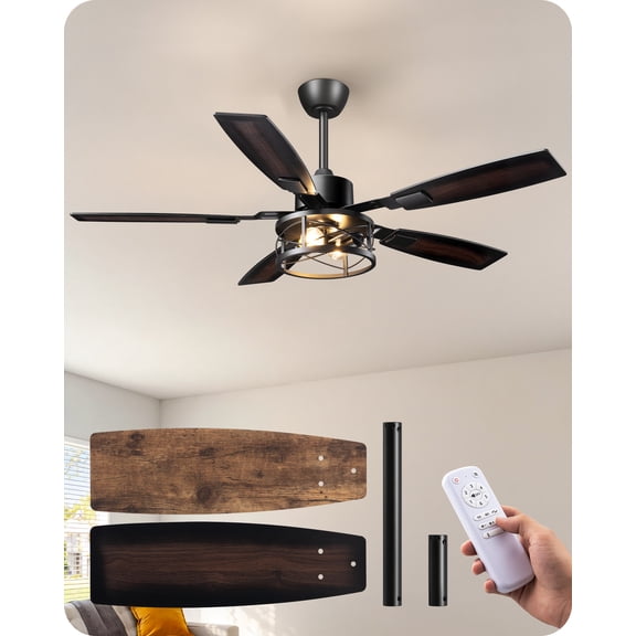EDISHINE 52" Farmhouse Ceiling Fan with Light and Remote Control, Brown, 5 Wood Blades, Rustic Farmhouse Ceiling Fan with Light for Living Room, Bedroom, Wet Rated