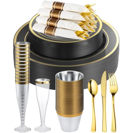 320PCS Black Gold Disposable Plastic Dinnerware Set for 40 Guests, Include 40 Dinner Plates, 40 Dessert Plates, 40 Napkins with Silverware, 40 Cups, 40 Champagne Glasses, for Various Parties