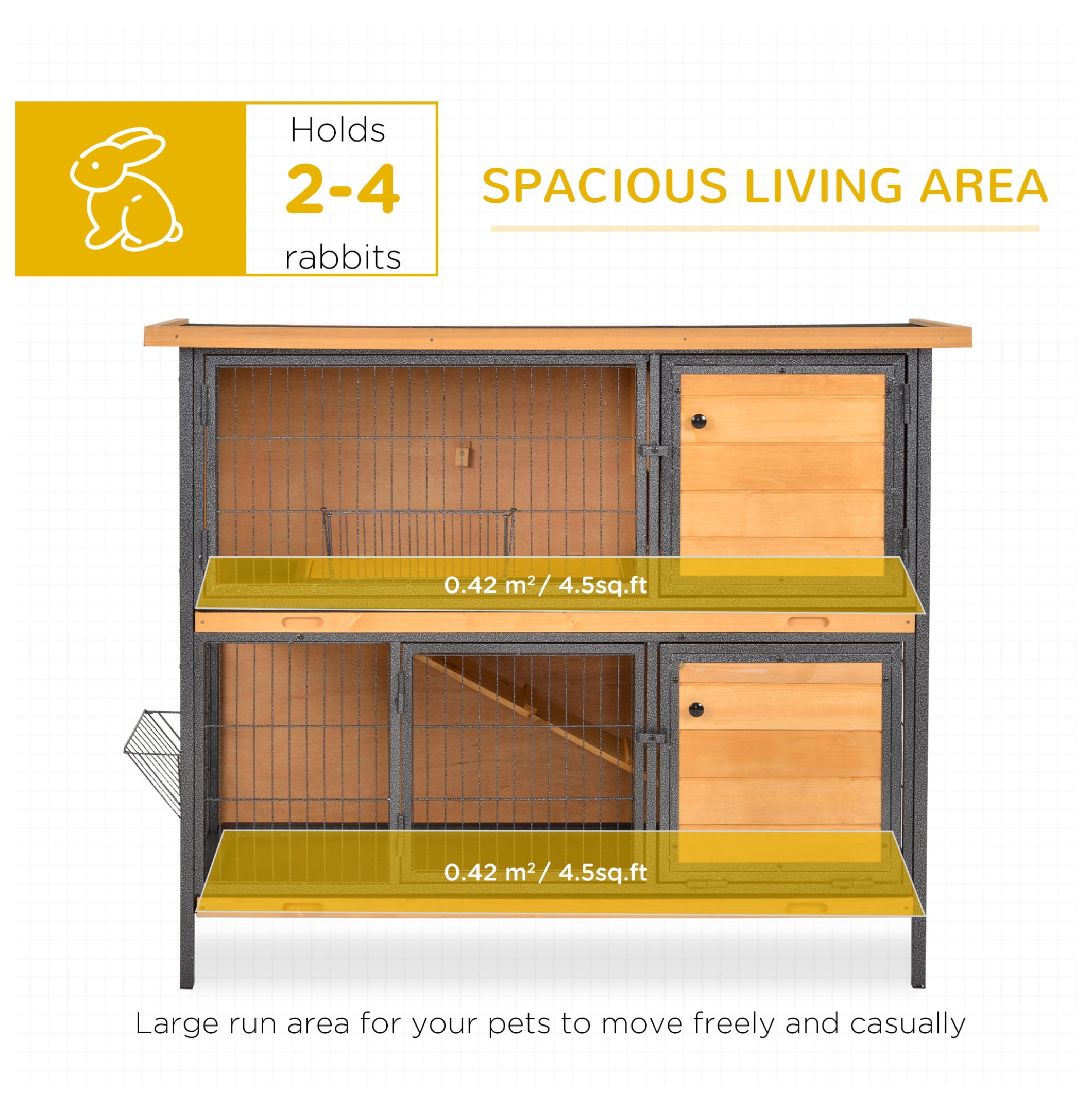 " 2-Story Large Rabbit Hutch Bunny Cage Wooden Pet House Metal Frame with Individual Room, Ramp, No Leak Tray, Feeding Trough, Waterproof Asphalt Roof for Outdoor/Indoor