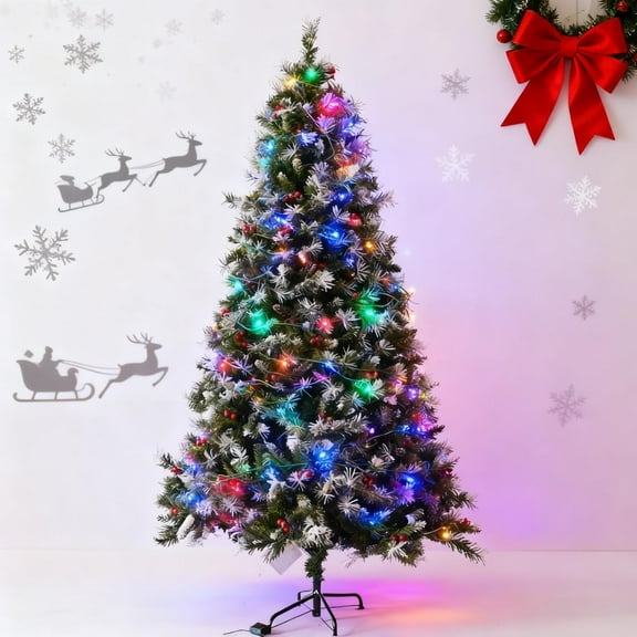 6 Ft Pre-Lit Christmas Tree, Partially Flocked & Frosted Xmas Tree with 350 Lights, 8 Lighting Modes and 876 Branch Tips, Easy to Assemble for Holiday Party Decoration