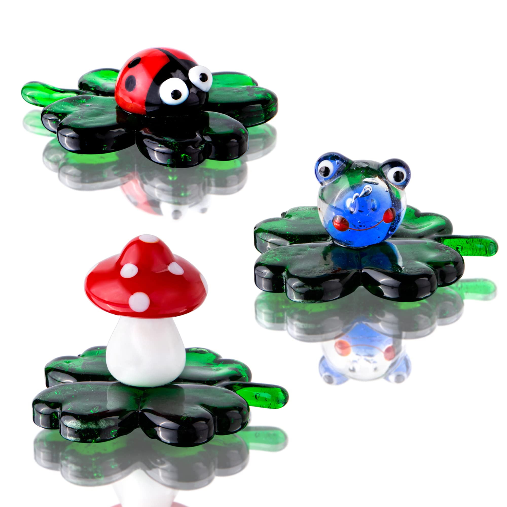 Hand Blown Four-Leaf Clover Figurine Art Glass Animals Collection with Cute  Ladybug/Frog/Mushroom Ornament, Pack of 3 