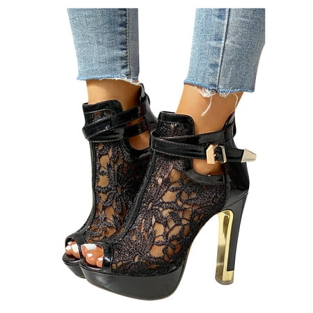 

Cathalem Casual Lace Sandals Floral High Ladies Up Womens Heel Hollow Zip Shoes Mesh Women s sandals Tie Sandals for Women Black 8.5