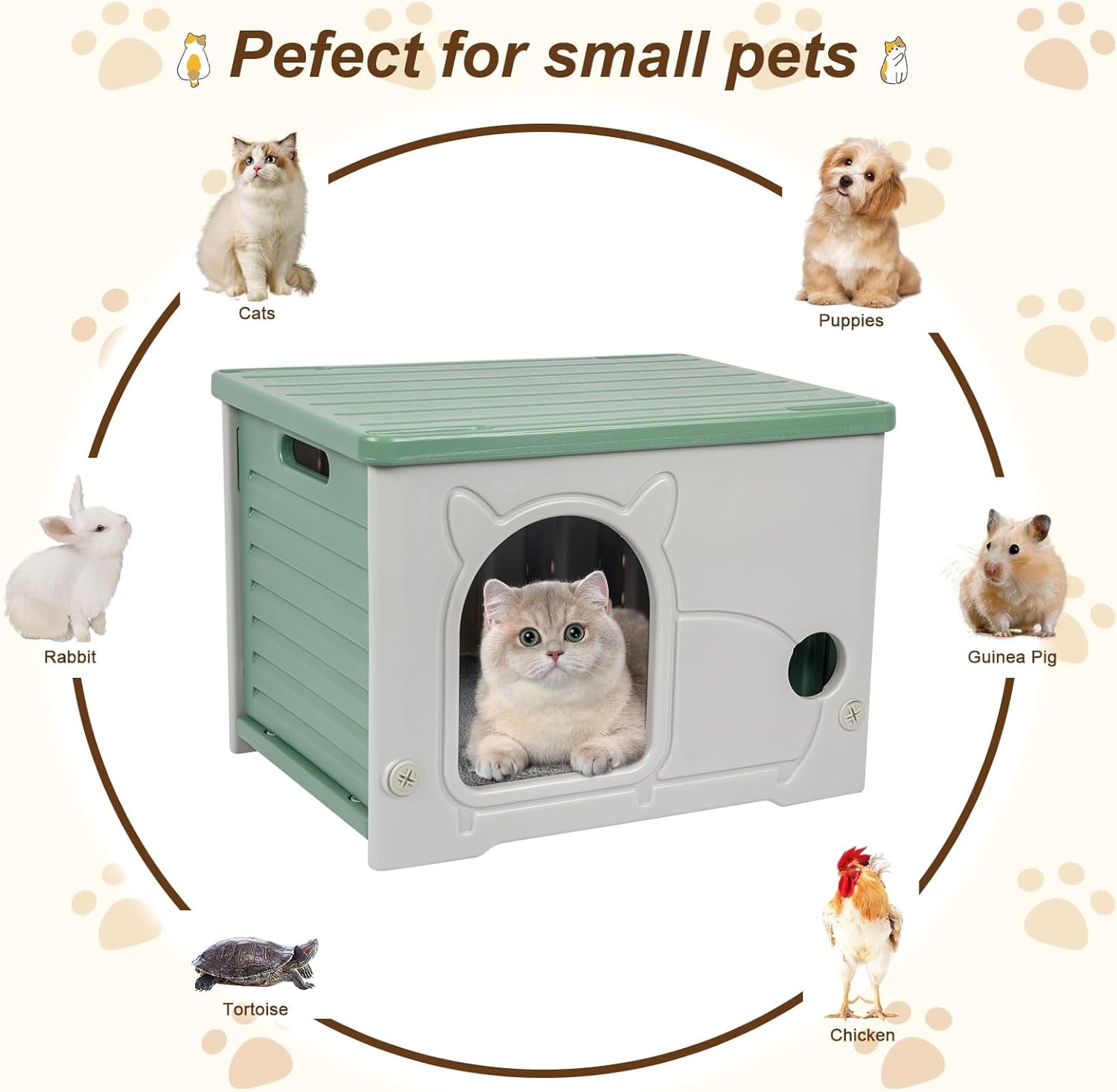 Plastic Cat House for Indoor Outdoor, Weatherproof Outside Cat House for Feral Cat, Stackable Cat Shelter with Plush Cushion (Green)