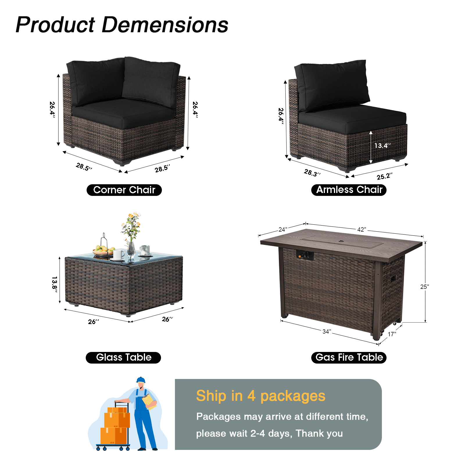 Gaildon 8 Piece Patio Furniture Set with Fire Pit Table, All Weather Outdoor Sectional PE Rattan, Patio Conversation Sets with Cushions for Garden Lawn Balcony Porch Deck, Black