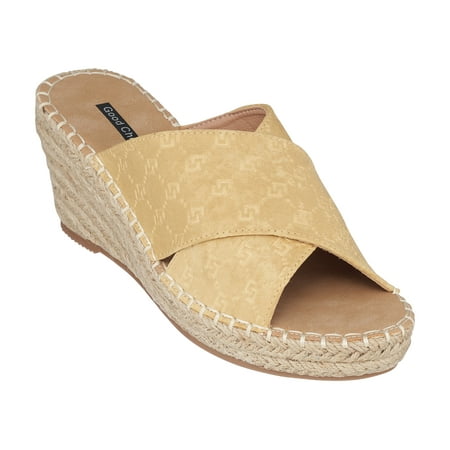 

GC Shoes Women s Open Toe Memory Foam Summer Espadrille Wedge Sandals Cross Band Slip On Platform Heels Darline/Yellow/7