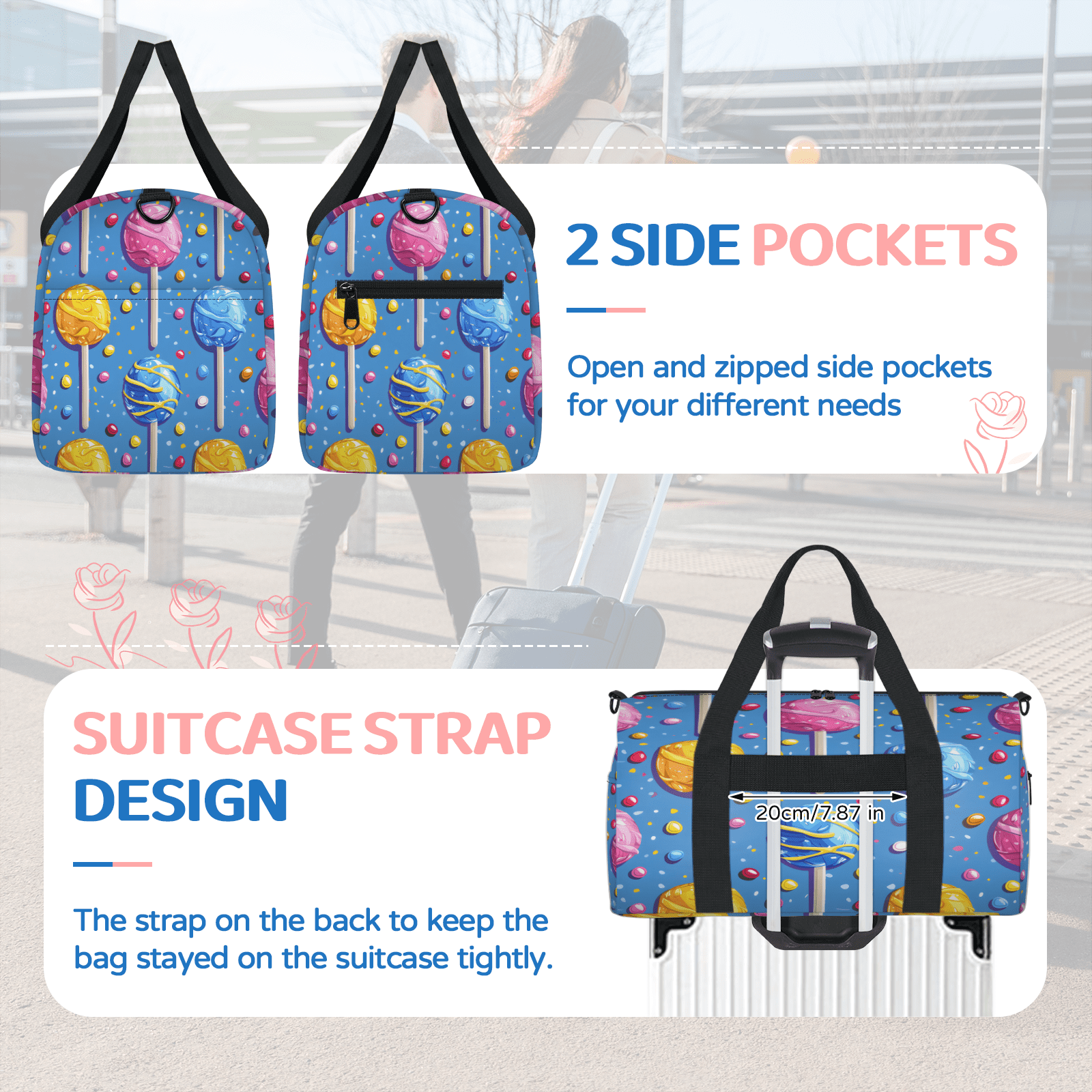 Herdesigns Candy Travel Duffle Bag Sports Yoga Weekender Overnight Carry on Workout Bags Lightweight Waterproof Gym Tote Bag for Women Colorful