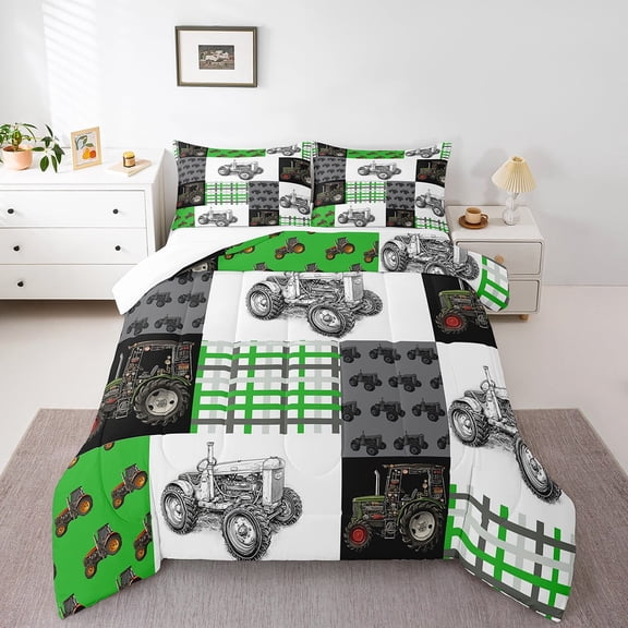 Farm Tractor Comforter Set Construction Quilt,Big Wheel Car Bedding Sets Full,Truck Vehicles Duvet Insert Green Vehicle Farmhouse Decor