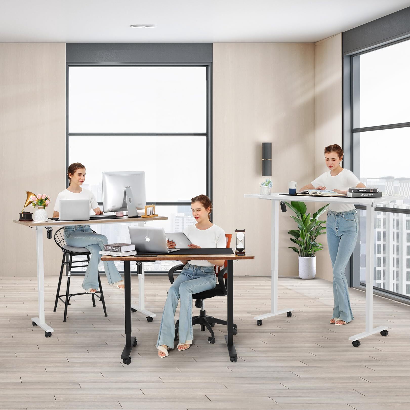 Legooin 63"W x 24"D Ergonomic Stand-up Table Height Adjustable Standing Desk with on Wheels Wooden Desktop Office Desk for Multi Monitors, Brown