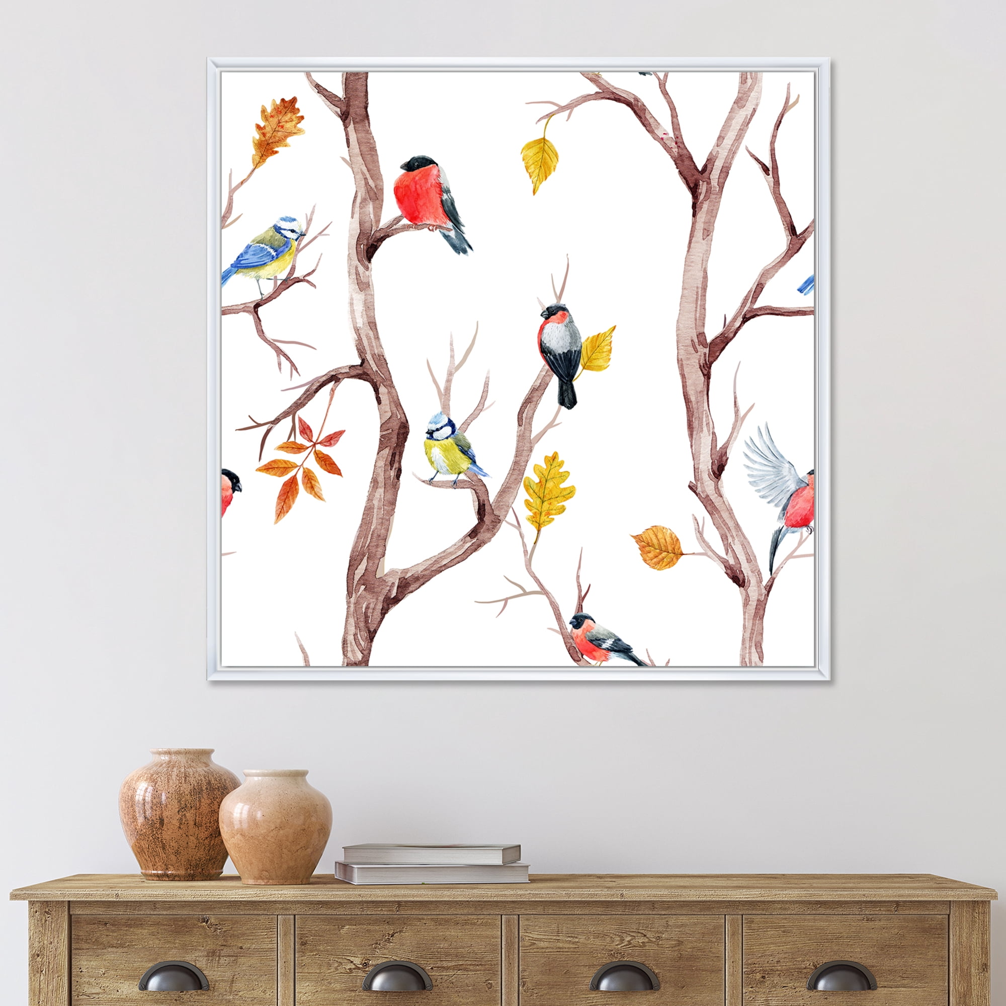 Designart 'Little Birds and Fall Trees' Traditional Framed Canvas Wall Art Print