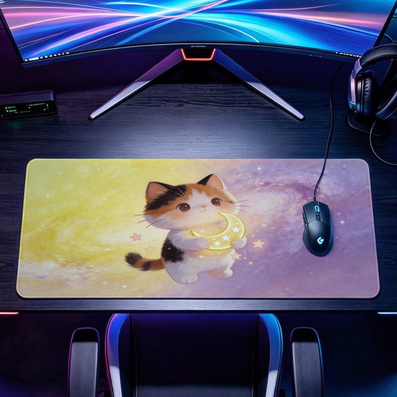Extra Large Cute Calico Cat Holding Crescent Moon Starry Sky Mouse Pad，Non Slip Rubber Pad，Desktop Decoration Drotection Pad，Washable，Lock Edge Multi Size，Premium Multipurpose Mousepad