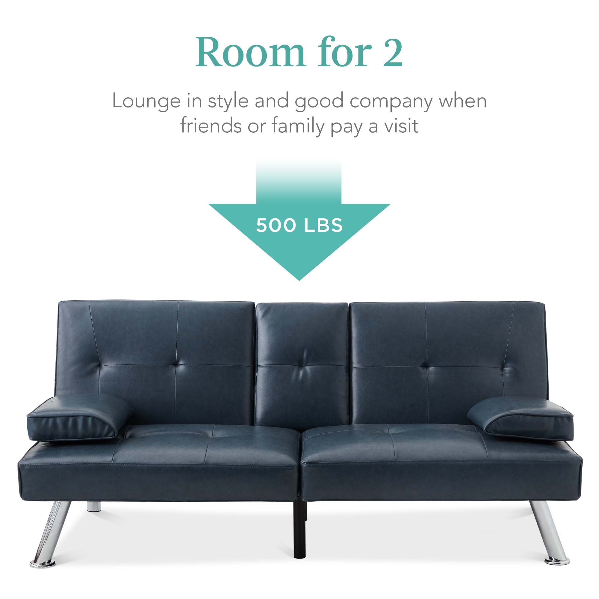 Best Choice Products Modern Faux Leather Convertible Futon Sofa w/ Removable Armrests, 2 Cupholders - Blue