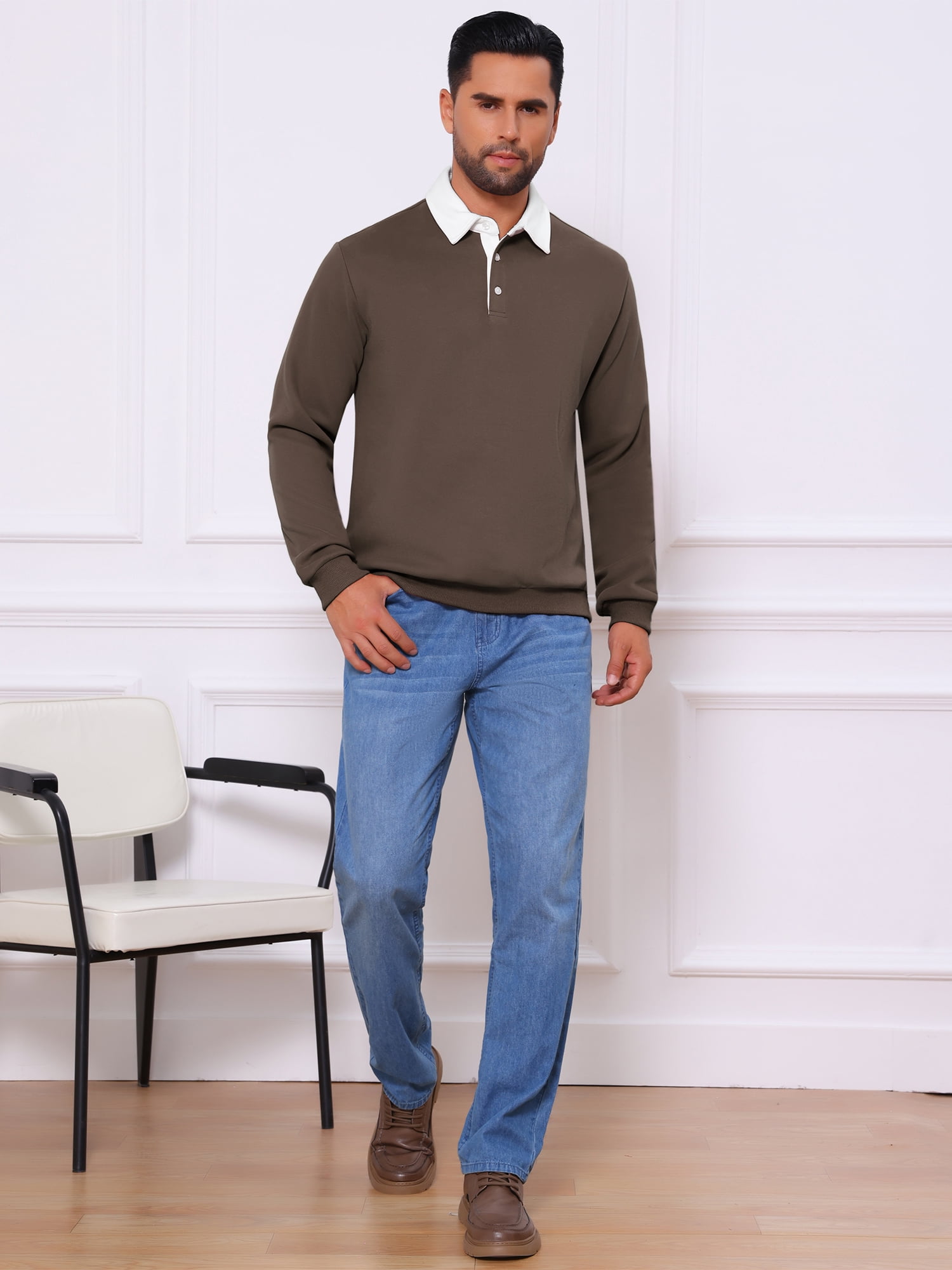 DARING DIVA Men's Contrast Collared Long Sleeves Pullover Polo Sweatshirt XL Brown