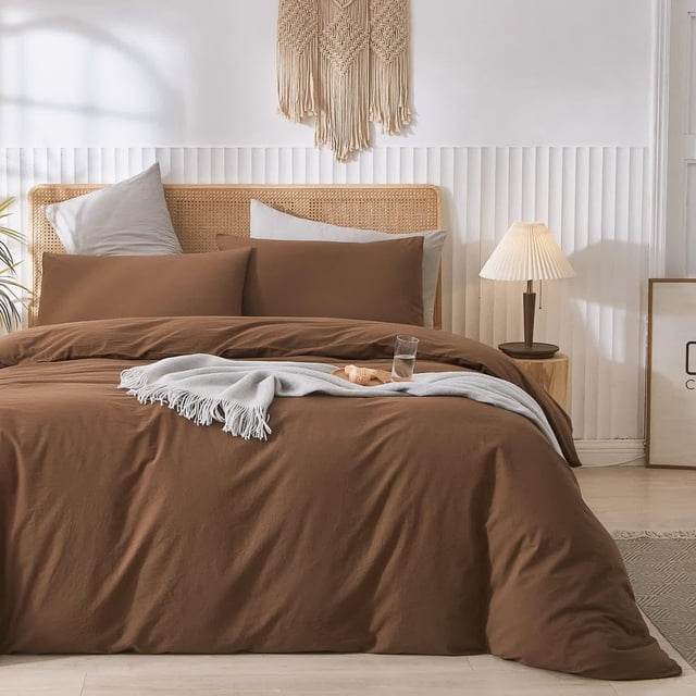 Washed Cotton Duvet Cover Set Linen Feel Natural Wrinkle Lightweight Comfy (King Linen)