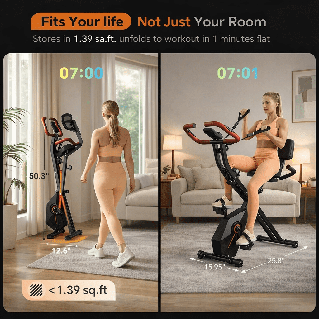 USLIM 5-in-1 Foldable Exercise Bike for Home Cardio Workouts with Backrest, 16-Level Magnetic Resistance, Resistance Bands, 300 lb Capacity