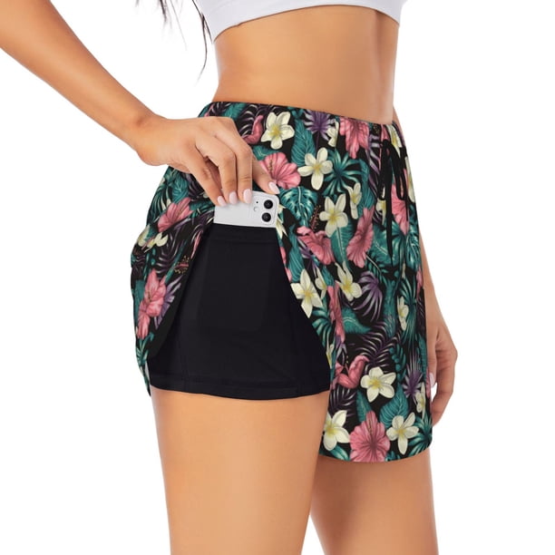 Balery Green Tropical Leaves Pantalones cortos deportivos para mujer con forro y dos bolsillos, elásticos, para entrenamiento, gimnasio, yoga-Small