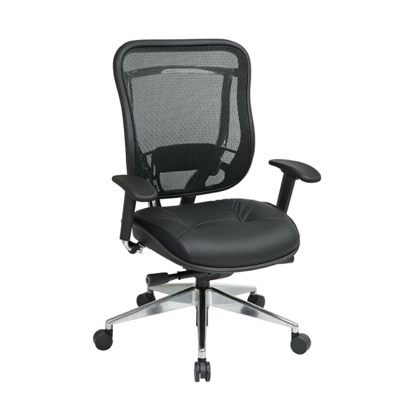 SPACE Seating Breathable Mesh High Back and Padded Black Leather Seat, Ultra 2-to-1 Synchro Tilt Control, Seat Slider and Polished Aluminum Finish Executive Chair