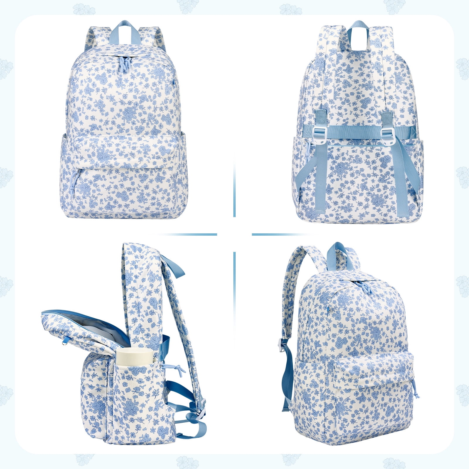 DAKIMOE School Backpack Large Capacity Bookbag Water-Resistant Laptop Backpacks for Teen adults, Lightweight Travel Daypack for Women Middle School College Blue Flower