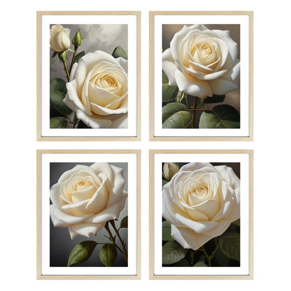 White Magnolia Wall Art Set of 4 Framed Lotus Artworks Floral Botanical Painting Abstract Flower Artwork Wall Decor for Bedroom Living Room Bathroom Office