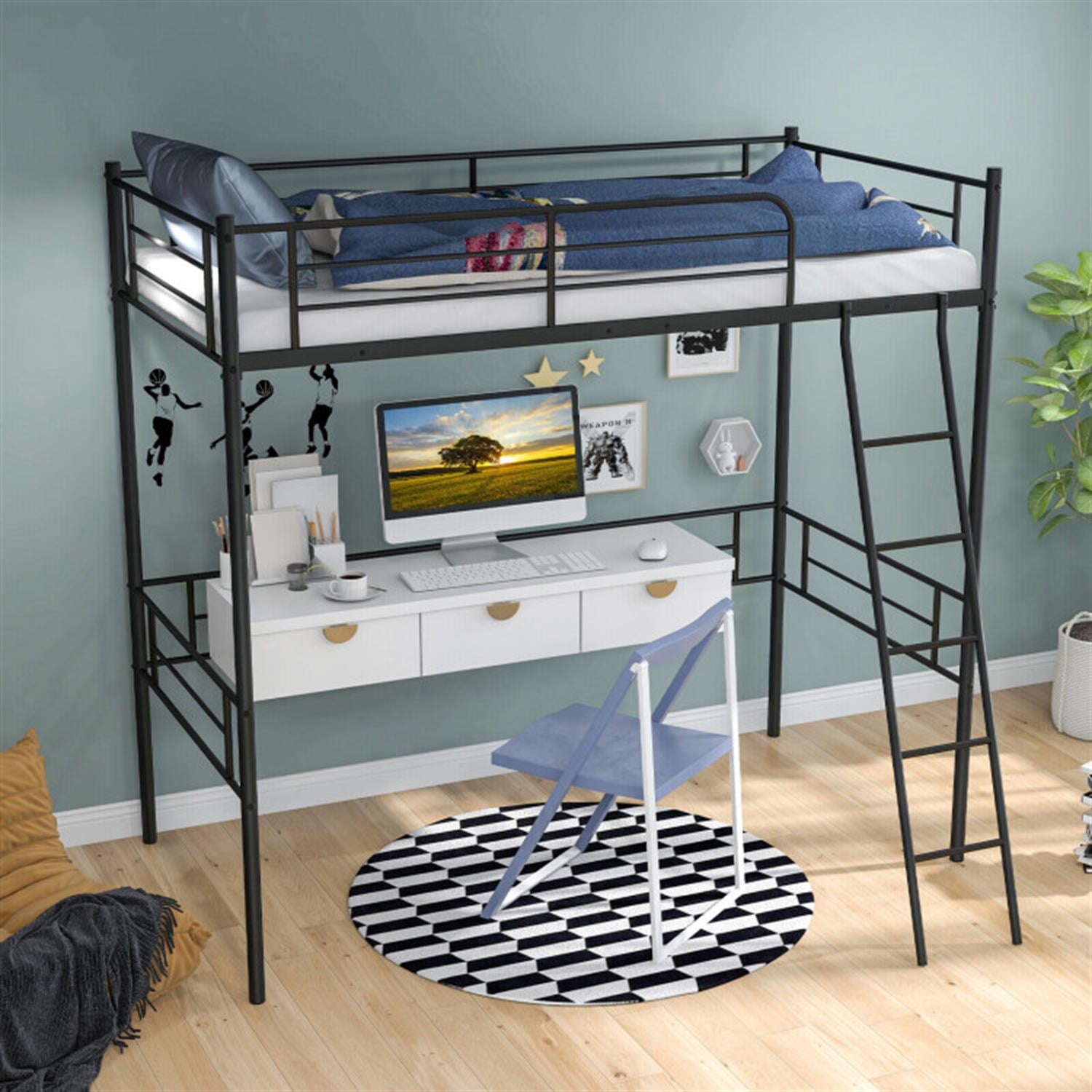 Demi Bonn Loft Bed Twin Size with Ladder Teens Adults Heavy Duty Metal Single Bunk Bed Loft with Safety Guard Rails for Small Space, Silver