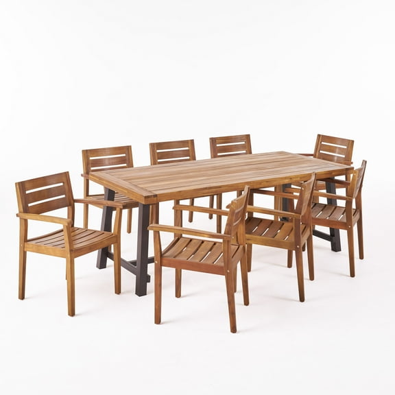 Noble House Balfour Acacia Wood 9-Piece Patio Dining Set in Teak/Black