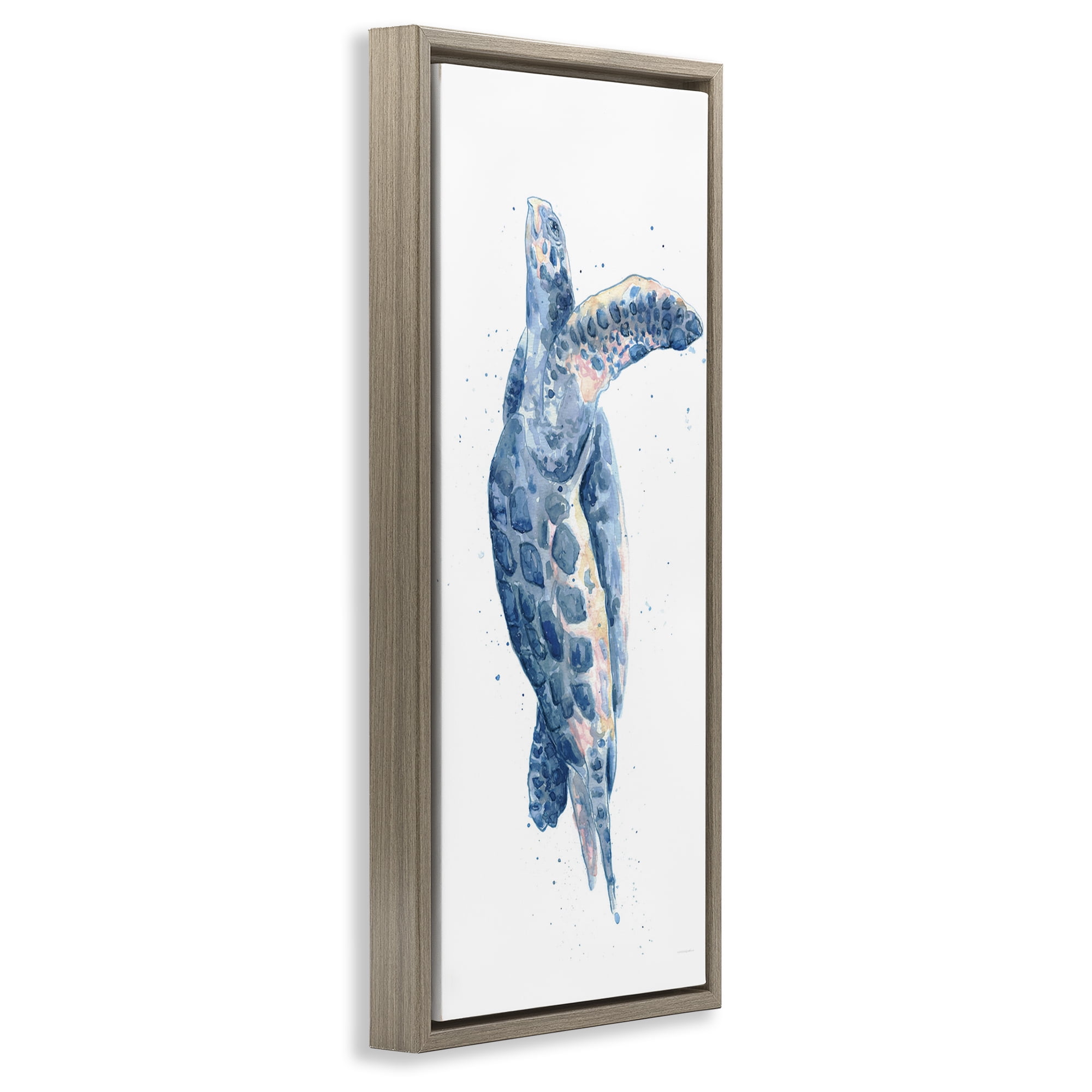 Stupell Industries Blue Turtle Swimming Animals & Insects Painting Brown Floater Framed Canvas Art Print Wall Art, 15 x 31