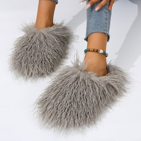 

Women s Curly Furry Slippers Indoor Thermal Cozy Fuzzy Shoes Warm Bedroom Floor Plush Slippers With Non-slip Sole-40-41