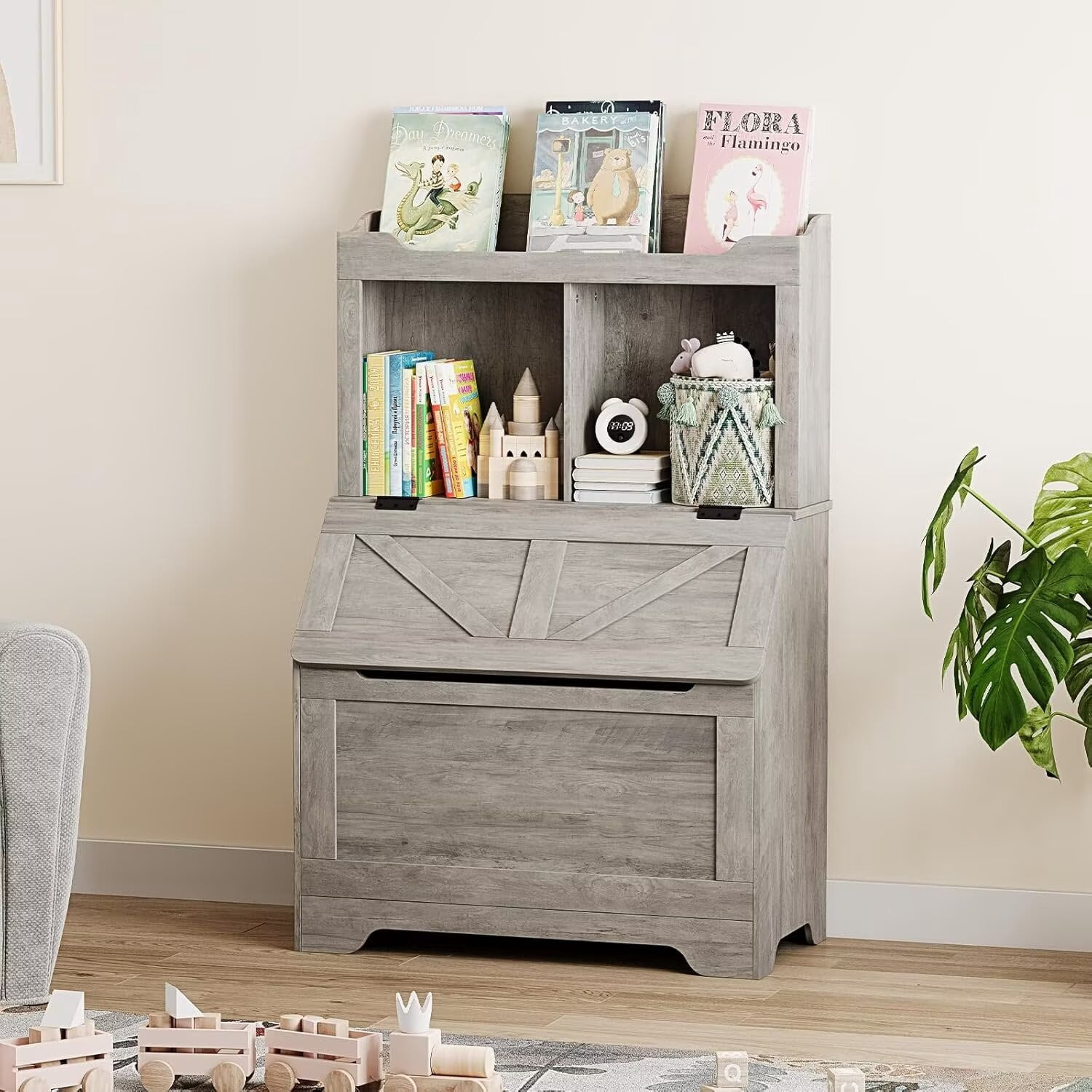 Kids Book shelf and Toy Storage Box, 3-layer Wooden Toy Storage Box with Flip Storage Box and 2-layer Children's Bookshelf, Suitable for Playroom, Bedroom Living Room, Kindergarten, Grey