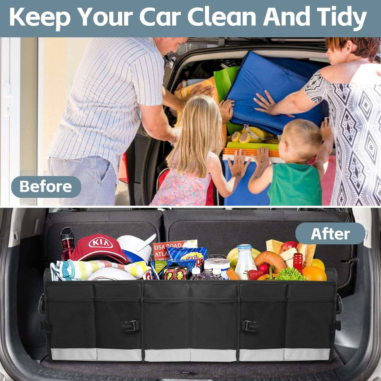 Trunk Organizer for Car, 95L Large Capacity Car Storage Organizer with Non-Slip Bottom Strips, Cargo Organizer for Suv, Truck, Sedan, Waterproof Portable Car Organizers for Women Men