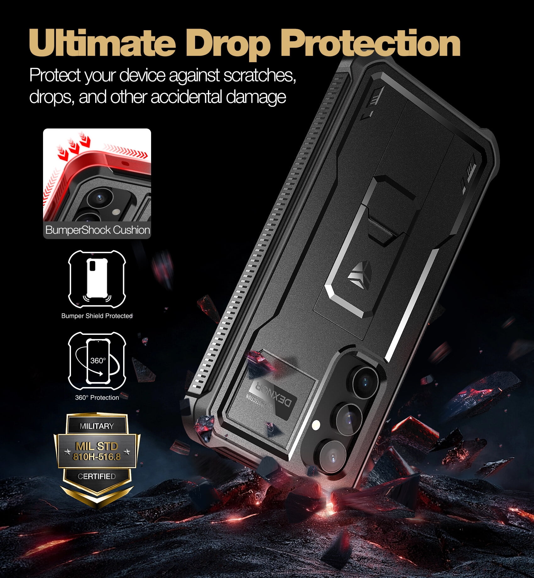 Dexnor Bumper Case for Samsung Galaxy S23 FE (2023), Full-Body Shockproof Rugged Heavy-Duty Protective Cover Dual-layer Protection with 2 Front Frames & Built-in Screen Protector & Kickstand,Black