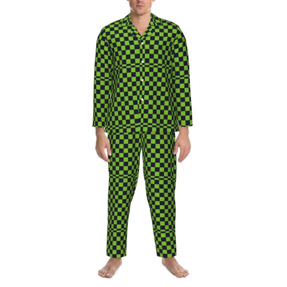Mens Pajamas Set - Black Green Checkered Chessboard Comfy Long Sleeve Button Up Pajama Sets for Men 2 Piece, Soft Sleepwear Nightwear Pjs Lounge Sets for Men with Pockets