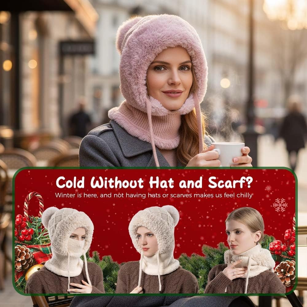 3 in 1 Beanie Hat with Scarf & Mask for Women, Windproof Fleece Thermal Neck Gaiter for Skiing Running Cycling