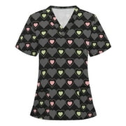 RQYYD Clearance Valentine's Day Scrub Tops for Women Sweet Heart Print Uniform Soft Short Sleeve V Neck Working Uniforms with Pockets(Black,S)