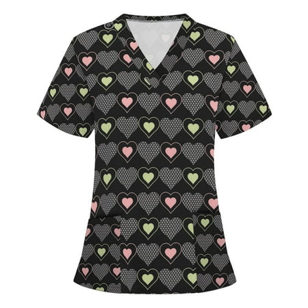 

CYMMPU Women s Short Sleeve Summer Scrub_Tops Clearance Vintage Working Uniform Shirts Floral Graphic V-Neck Tshirt Plus Size Work Tops Dressy Tunics Funny Black L