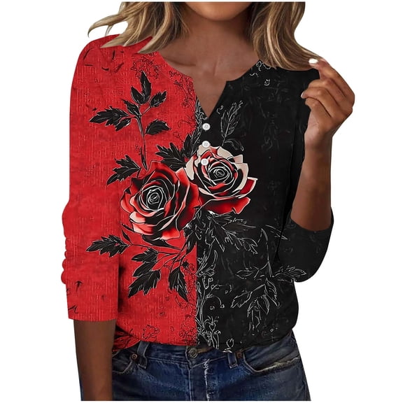 Women's Rose Shirt Casual V-Neck Pullovers Button Up Long Sleeve Top with Contrast Red Black Pattern Trendy Loose Fit Blouse for 2025 Autumn Daily Wear & Casual Outfits