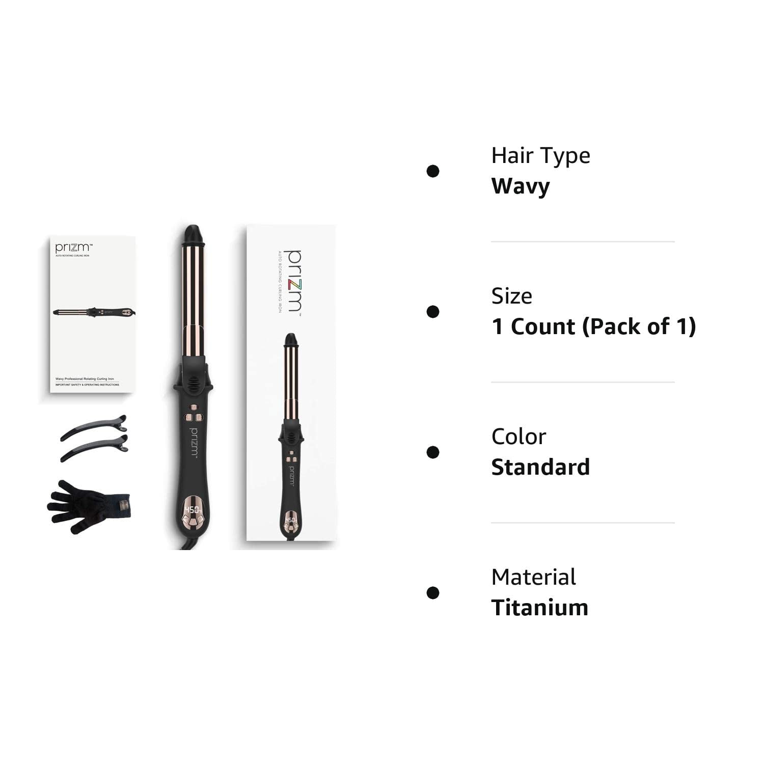 Prizm Curling Iron, Automatic Rotating 1 inch Hair Curler, Dual Voltage, 11 Adjustable Temperatures for Hair Styling, Durable Titanium Alloy for Smooth, Frizz-Free Curls
