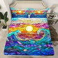 thumbnail image 2 of Homewish Teens Bohemian Sun Twin Sheet Sets, Vintage Blue Ocean Waves Twin Fitted Sheet, Oil Printing Artwork Flat Sheet, Breathable Home Decor, 3-Piece, 2 of 7