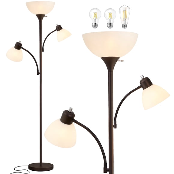 NATYSWAN Torchiere Floor Lamps for Living Room with 2 Reading Lamps, Modern Tall Standing Lamps, Industrial Bright Floor Lamp for Bedroom, Office, Dresser, 3 LED Bulbs Included