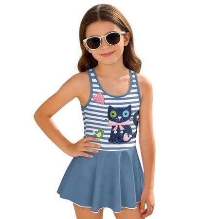 Xixirimido Abstract Cat Bird Stripes Blue Print One Piece Swimsuit for Girls Sleeveless Swim Dress Girls Modest Bathing Suit Skirted Swimwear with Built-in Shorts UPF 50+ 5-6 Years