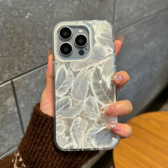 for iPhone 15 Pro Max Phone Case 6.7 inch, Aesthetic Bling Feather for Women Girls, Shockproof Soft TPU & Hard pc Silvery