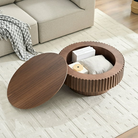 31.49'' Round Coffee Table with Storage, Modern Center Table with Sturdy Pedestal Base, End Table for Apartment Living Room, Walnut