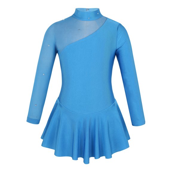 Manyakai Girls Figure Roller Ice Skating Leotard Dress Mesh Splice Long Sleeve Ballet Dance Outfit Blue 12